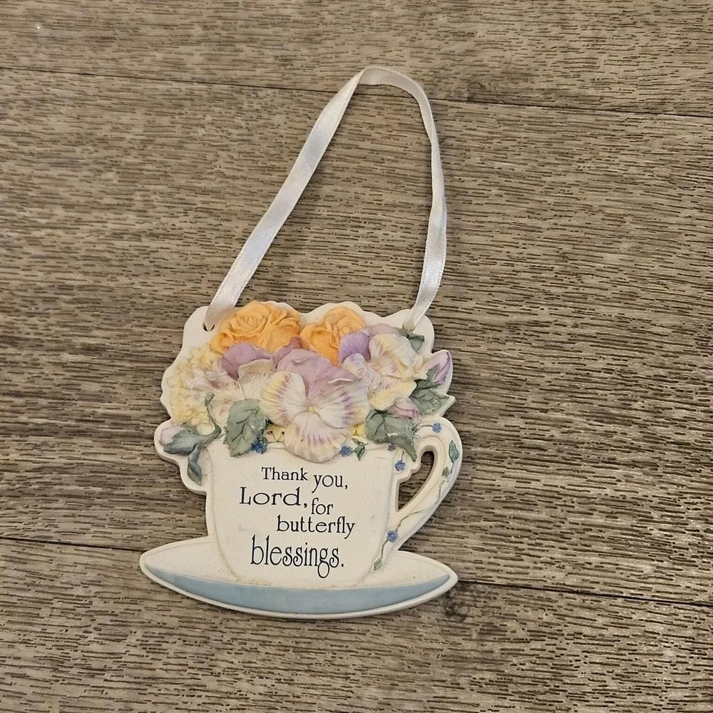 Vintage Enesco Sign Times tea cup ornament with flowers artwall hanging decor